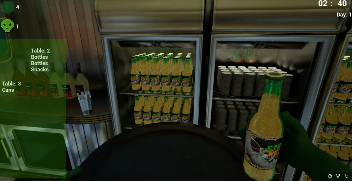 Space Bar Simulator gameplay: carrying a tray in first person while collecting Space Beer bottles from a fridge, with table orders and the day timer on the HUD